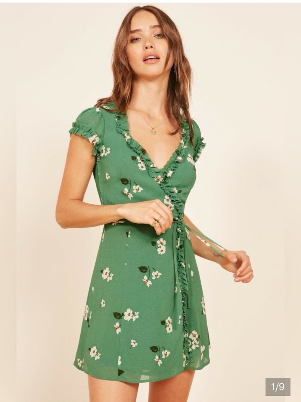 Reformation Green Floral Tie-Waist Mini Dress